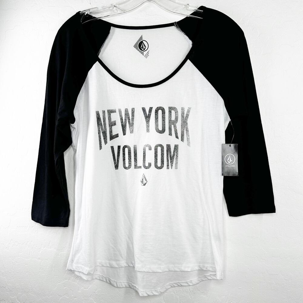 Volcom New York Graphic Raglan Baseball Tee Black White 3/4 Sleeve Size S
